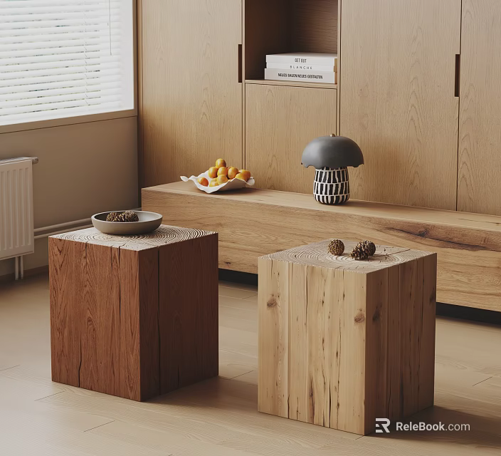 Minimalist Two Cube Shaped Wooden Coffee Tables With Fruit Tray Lamp And Cabinet Near Window 3d model 