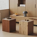 Minimalist Two Cube Shaped Wooden Coffee Tables With Fruit Tray Lamp And Cabinet Near Window