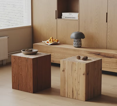 Minimalist Two Cube Shaped Wooden Coffee Tables With Fruit Tray Lamp And Cabinet Near Window 3d model