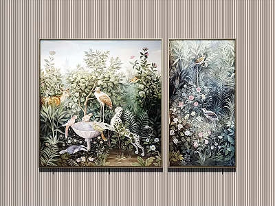 Botanical Paintings With Birds Leopard Green Leaves And Floral Nature Scenery 3d model