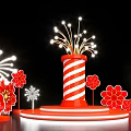 Art Installation Featuring Red And White Striped Cylinder With Firework Lights And Red Flower Decorations