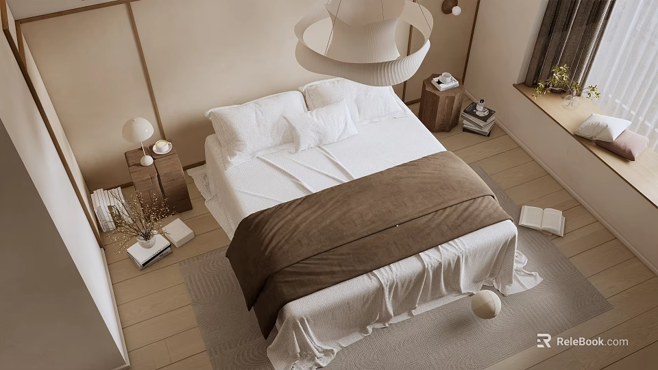 Cozy Double Bed in Modern Bedroom with White Sheets Brown Blanket and Nightstand Table Lamp 3d model 
