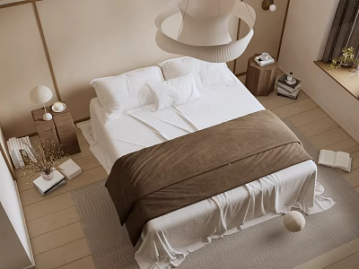 Cozy Double Bed in Modern Bedroom with White Sheets Brown Blanket and Nightstand Table Lamp 3d model