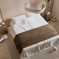 Cozy Double Bed in Modern Bedroom with White Sheets Brown Blanket and Nightstand Table Lamp
