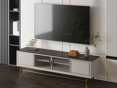 Modern TV Stand with Black Top White Cabinets Metal Legs and Decorative Vase 3d model
