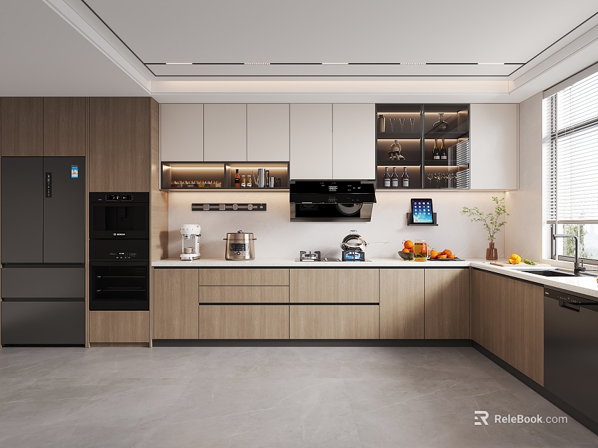 Modern Kitchen Interior With Light Wood White Cabinets And Appliances 3d model 