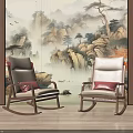 Two Comfortable Rocking Chairs With Pink Cushions And Chinese Landscape Painting Backdrop