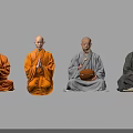 Four Monks Sitting in Meditation With Colored Robes and Prayer Hands