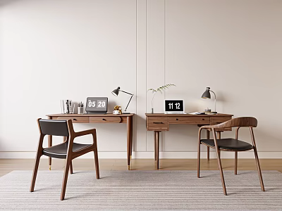 Modern Wooden Desks Home Office Interior With Table Lamps Chairs Digital Clocks And Small Plant 3d model
