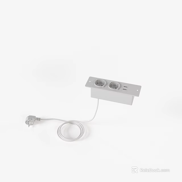 Silver Power Outlet With Two Round Sockets And White Connecting Cable 3d model 