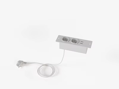 Silver Power Outlet With Two Round Sockets And White Connecting Cable 3d model