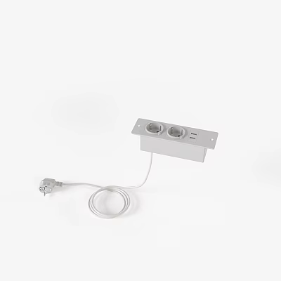 Silver Power Outlet With Two Round Sockets And White Connecting Cable 3d model
