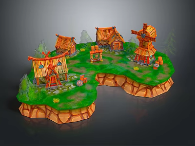 Cartoon Scene Of A Village With Colorful Cottages Windmill Trees And Green Grass 3d model