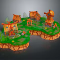 Cartoon Scene Of A Village With Colorful Cottages Windmill Trees And Green Grass