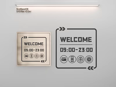 Guidance System Icons With Welcome Message Opening Hours 09002300 And Symbols 3d model