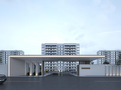 Modern Residential Entrance Gate Exterior With High Rise Buildings And Covered Canopy 3d model