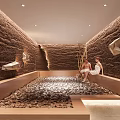 Natural Modern Bathroom With Rock Textured Walls Pebble Floor Wooden Frame And Geometric Decor