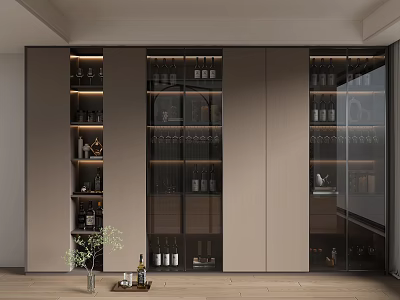 Modern Wine Cabinet Interior Design With Glass Doors LED Lighting And Wine Bottle Storage 3d model