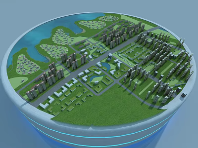 3D Urban City Model With Green Parks Water Lakes Roads And Tall Buildings 3d model