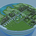 3D Urban City Model With Green Parks Water Lakes Roads And Tall Buildings