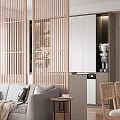 Modern Living Dining Area With Wooden Lattice Screens Light Gray Sofa And Open Kitchen
