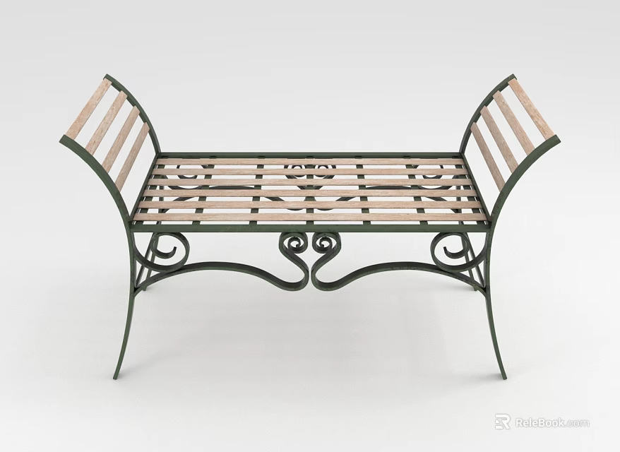 Outdoor Bench Featuring Metal Frame Wooden Slats And Decorative Scroll Design 3d model 