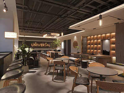 Universal Café Interior With Black Ceiling Wooden Wall Green Plants Tables And Chairs 3d model