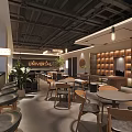 Universal Café Interior With Black Ceiling Wooden Wall Green Plants Tables And Chairs