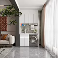 Modern Living Room With Beige Sofa Brown Geometric Art White Cabinets Washing Machine And Curtains