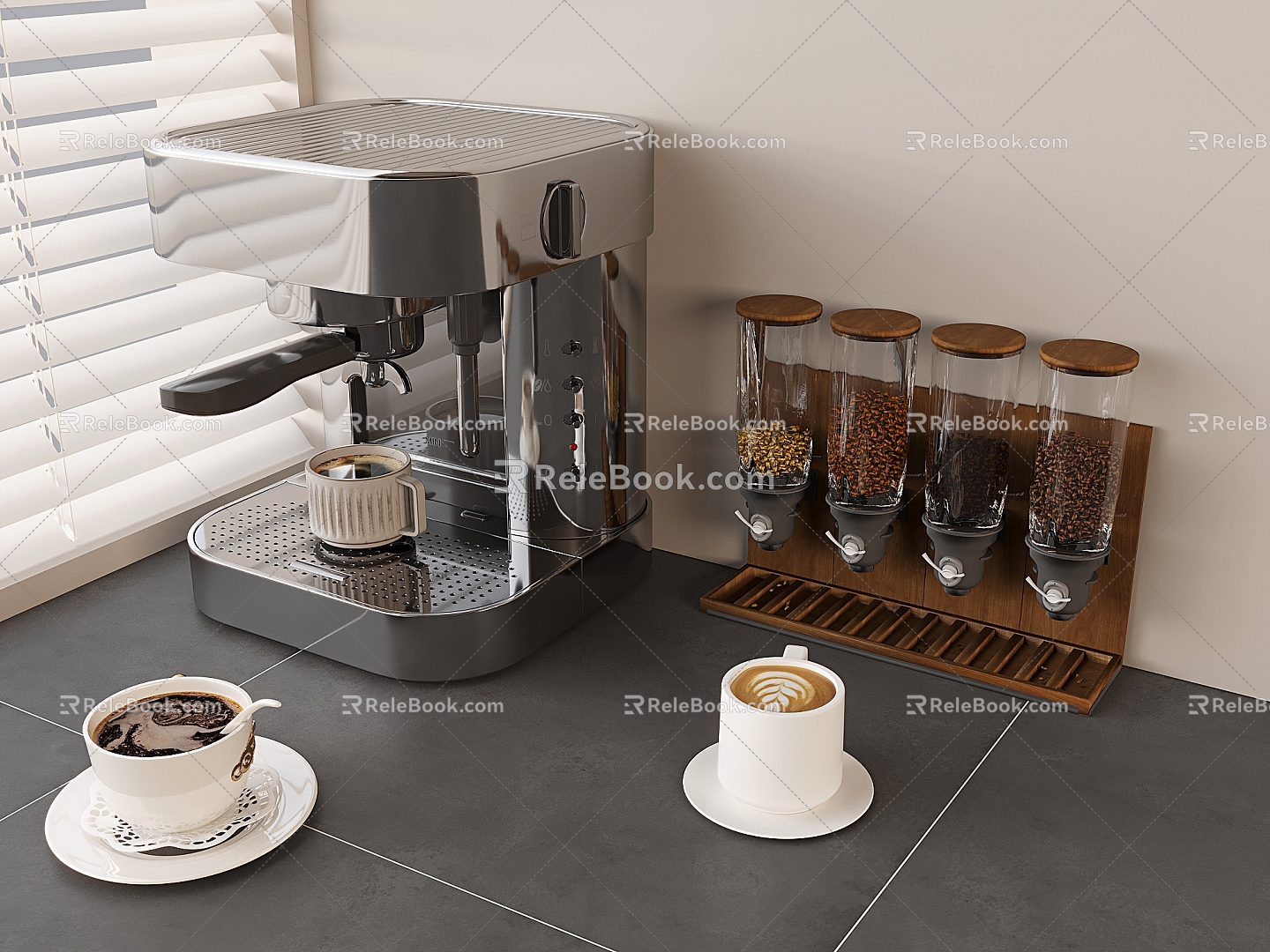 Cream Wind Coffee Machine Coffee Cup Coffee Bean Flower Coffee Coffee Bean Container Storage Rack 3d model