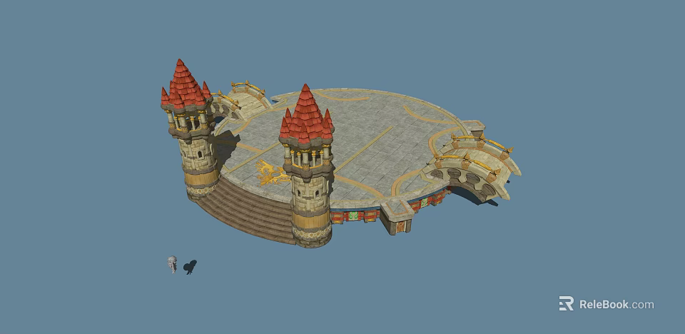 European Architecture Featuring Red Spire Towers Stone Structure Round Platform And Staircase 3d model 