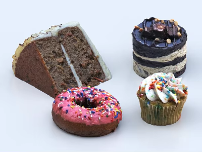Assorted Sweet Desserts Including Cake Slice Chocolate Cake Donut And Cupcake With Sprinkles And Nuts 3d model