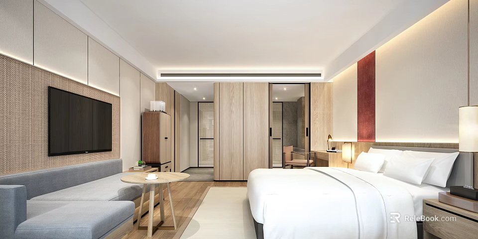 Modern Hotel Guest Room Interior Design With Bed Sofa TV And Wooden Decor 3d model 