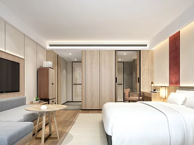 Modern Hotel Guest Room Interior Design With Bed Sofa TV And Wooden Decor 3d model