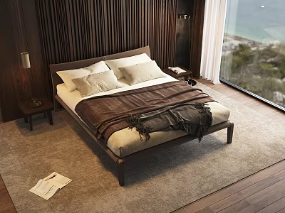 Modern Dark Wood Double Bed with White Pillows Brown Blanket and Sea View Window 3d model