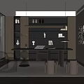 Modern Study Room Interior Design With Wall Shelves Desk Chair Potted Plant And Hanging Lights