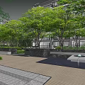 Serene Residential Landscape With Lush Trees Greenery Courtyard Walkway And Building Exterior