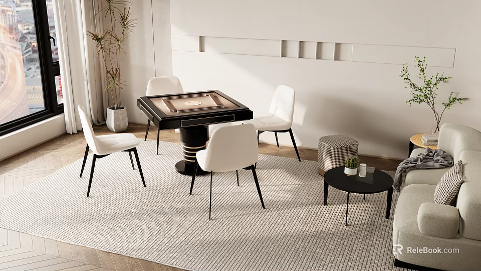 Modern Entertainment Table With White Chairs Black Frame And Living Room Rug 3d model 