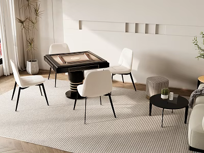 Modern Entertainment Table With White Chairs Black Frame And Living Room Rug 3d model