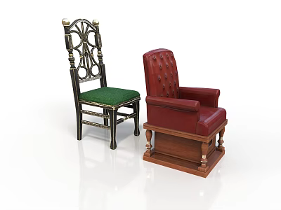 Classic Carved Chair With Green Cushion And Red Leather Armchair Furniture 3d model