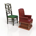 Classic Carved Chair With Green Cushion And Red Leather Armchair Furniture