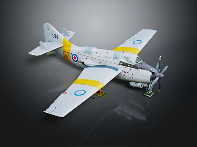 Vintage Propeller Aircraft Model With White Yellow Stripes And Blue Red Roundels On Display Stand 3d model
