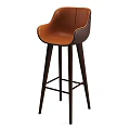Modern Brown Leather Bar Stool With Curved Backrest And Dark Wooden Legs