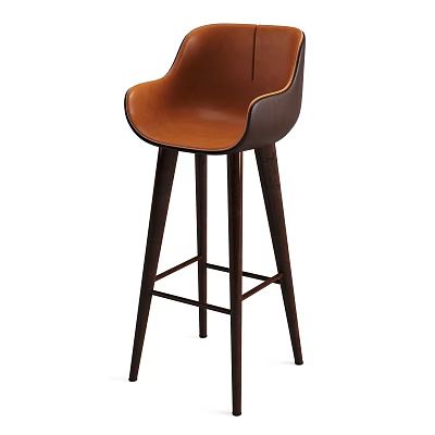 Modern Brown Leather Bar Stool With Curved Backrest And Dark Wooden Legs 3d model