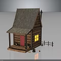 Rustic Wooden Log Cabin With Shingle Roof Red Door Lit Window Porch And Fence