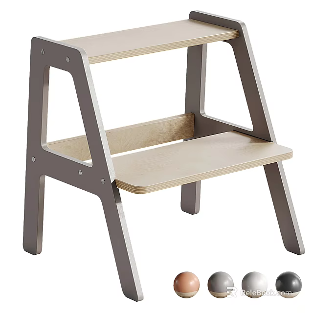 Two Step Wooden Stool With Light Steps And Dark Metal Frame For Home Use 3d model