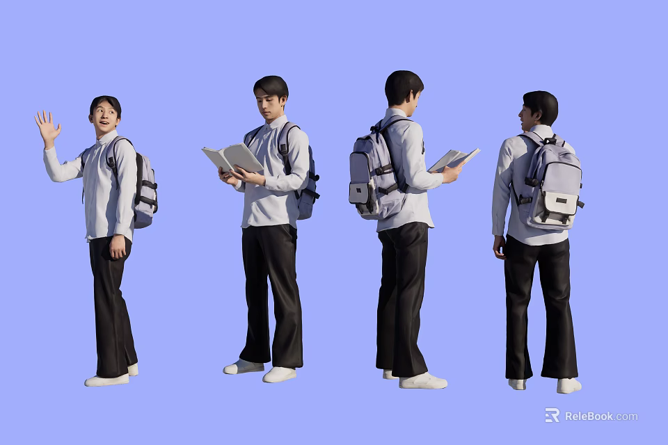 Group of Students in School Uniforms with Backpacks Waving and Reading Books on Purple Background 3d model 