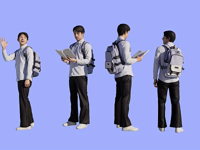 Group of Students in School Uniforms with Backpacks Waving and Reading Books on Purple Background 3d model