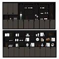 Modern Dark Wine Cabinet Design With Open Shelves Wine Bottles Glasses And Decorative Items