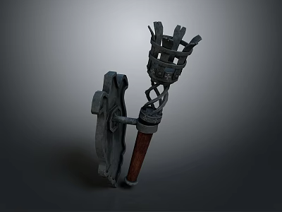 Ancient Wall Mounted Torch With Metal Bracket Wooden Handle And Iron Cage 3d model
